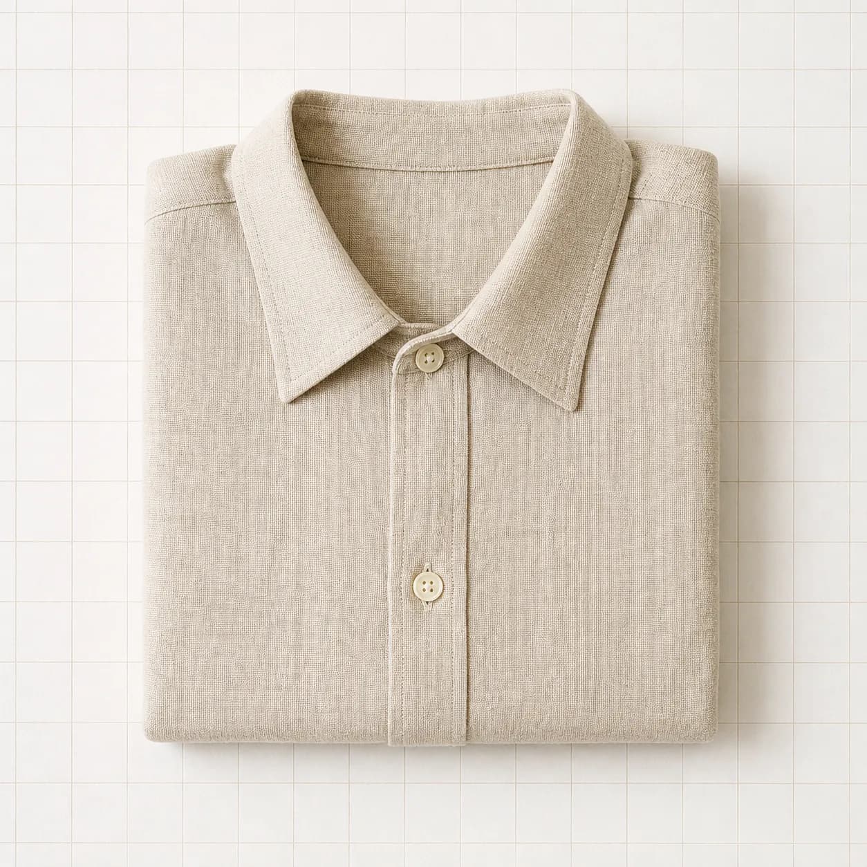 One folded oatmeal linen shirt squared to the grid.
