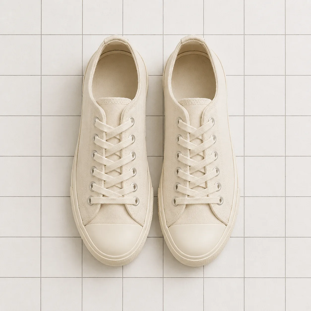 A pair of plain canvas sneakers side by side.