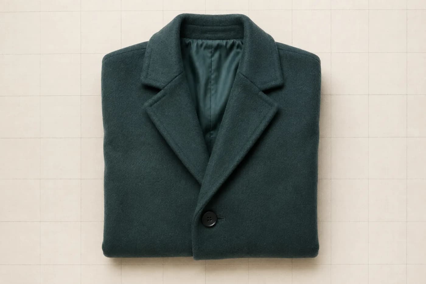 A sea-green wool overcoat folded into a neat rectangle.
