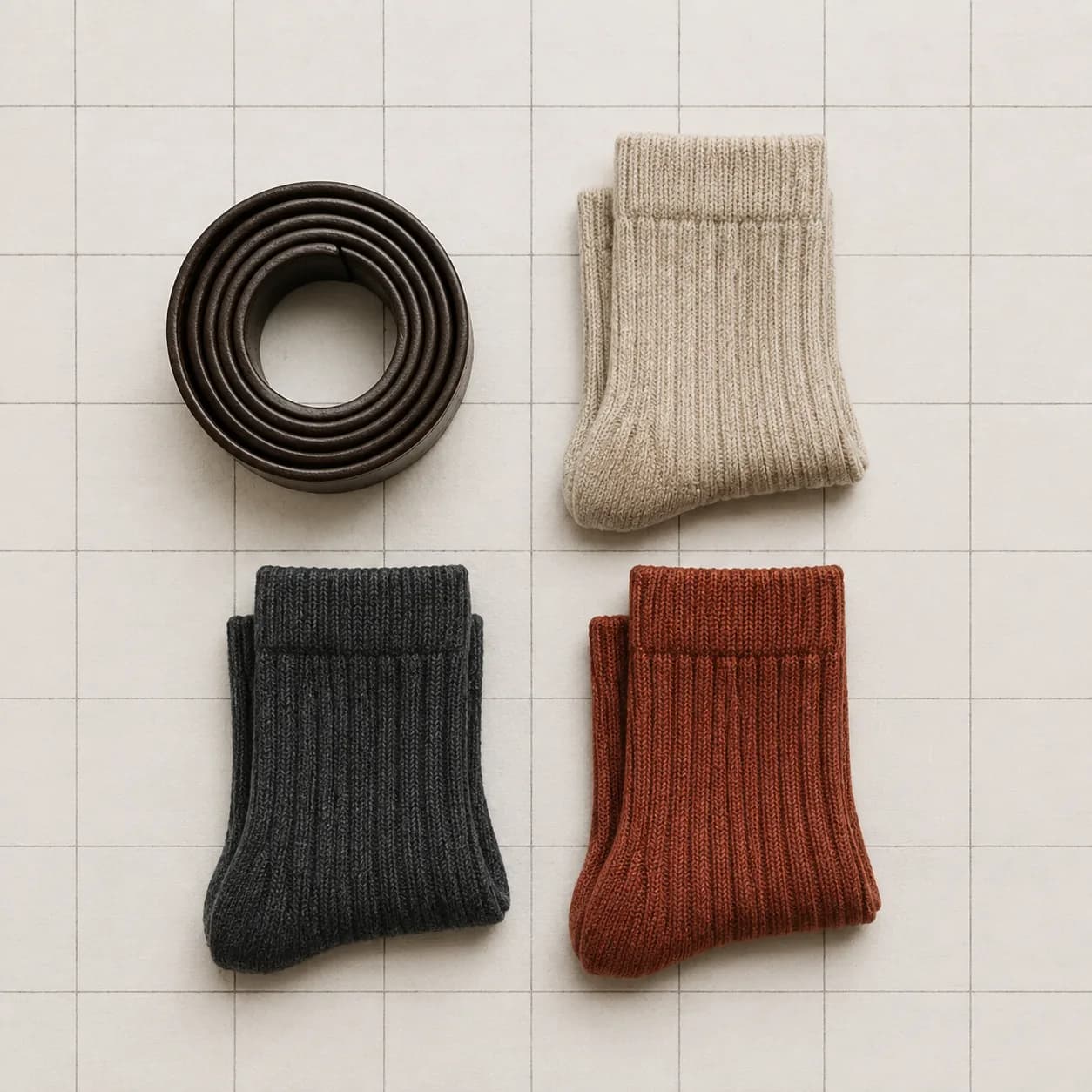 A coiled leather belt beside three pairs of folded ribbed socks.