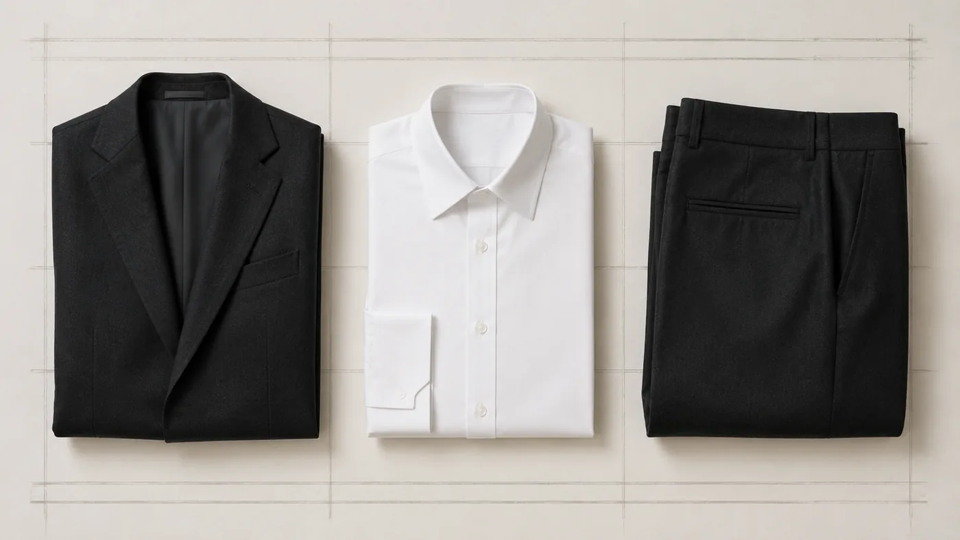 A folded blazer, dress shirt and wool trousers aligned in a row on ruled paper.