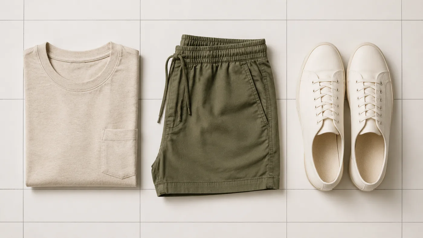 A folded tee, cotton shorts and canvas sneakers aligned in a row.