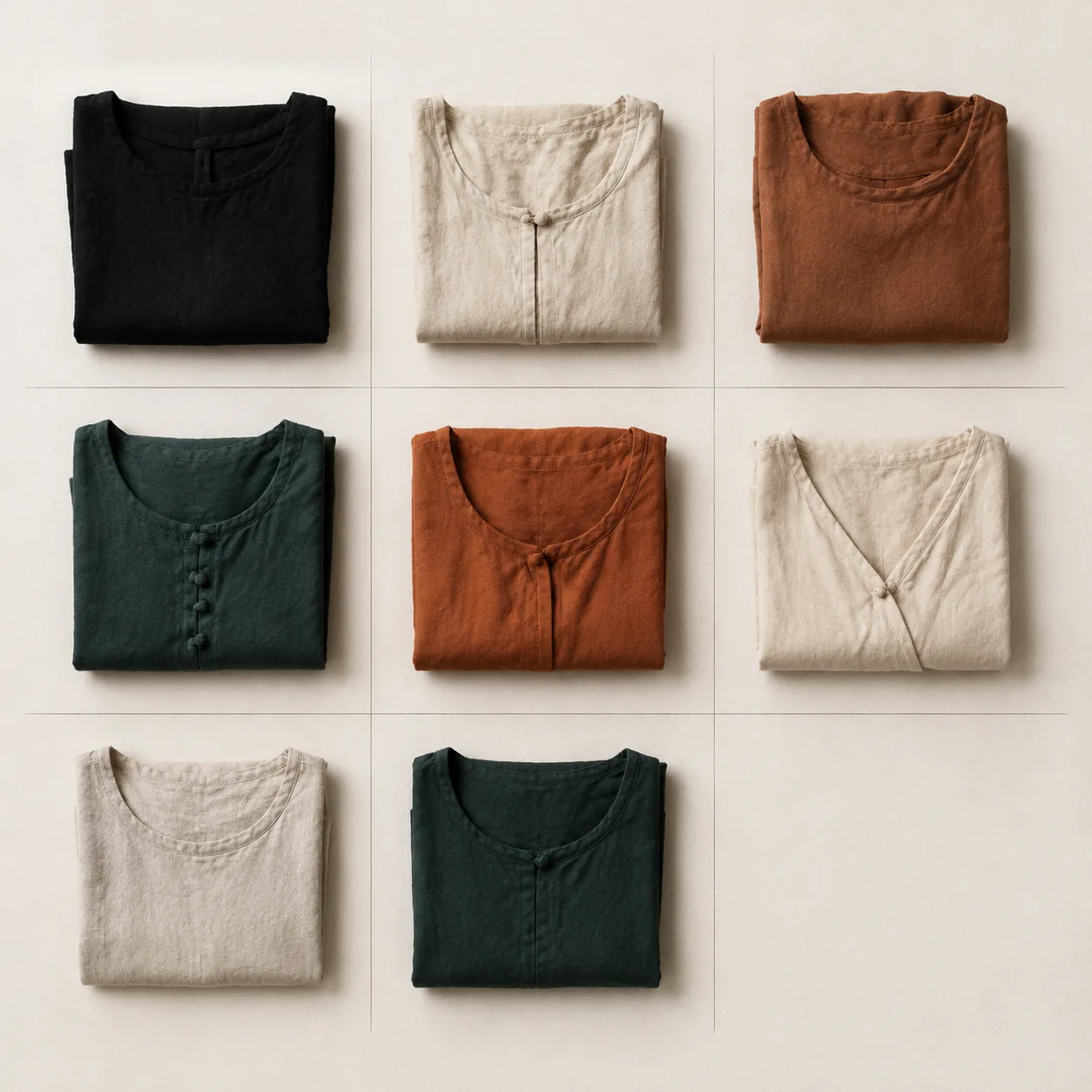 A three-by-three matrix of folded garments with one cell left empty.