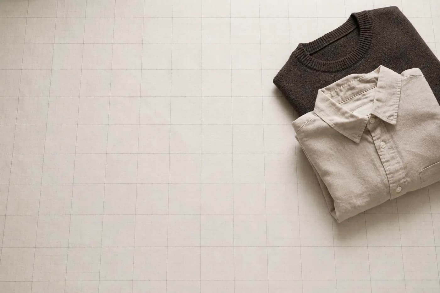 Two folded garments alone in the corner of a wide expanse of ruled paper.