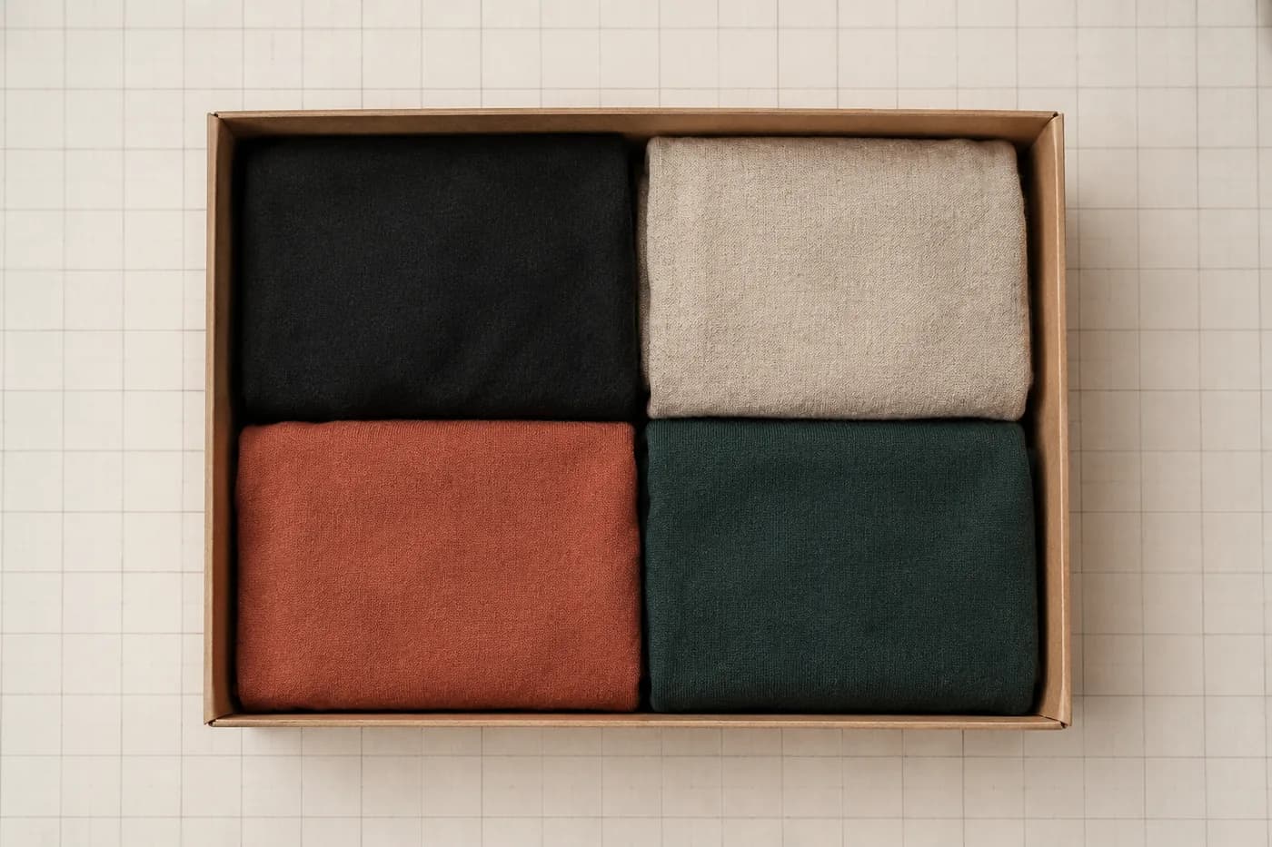 A shallow tray holding one even layer of folded garments, squared to its edges.